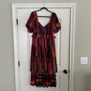 New w/Tags! Farm Rio Yellow Painted Stripes Pleated Dress, Sz Large